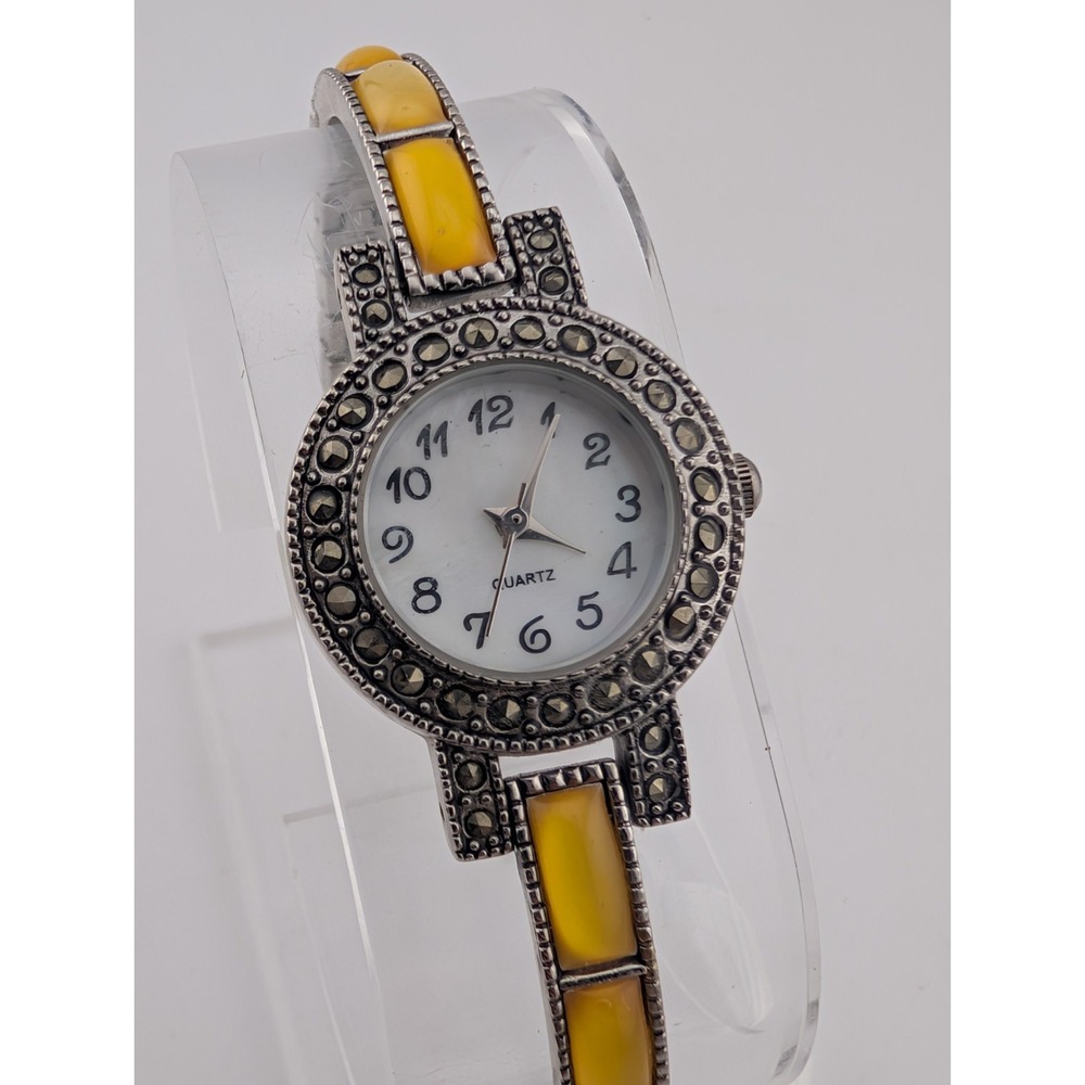 Vintage Marcasite Women's‎ Watch 24mm Case Yellow Stones 6.5" Band- New Battery